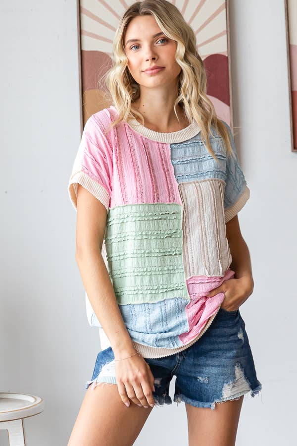 Color Block Textured Patchwork Short Sleeve Top - Purses & Pearls