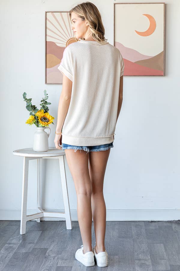 Color Block Textured Patchwork Short Sleeve Top - Purses & Pearls