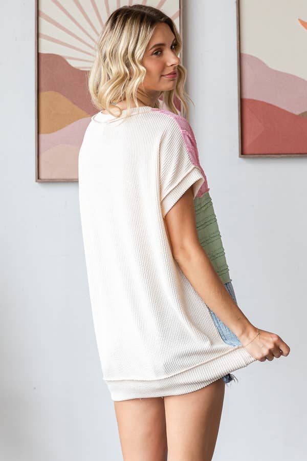 Color Block Textured Patchwork Short Sleeve Top - Purses & Pearls