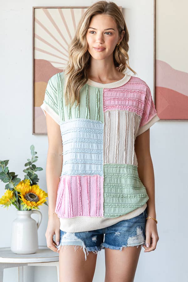 Color Block Textured Patchwork Short Sleeve Top - Purses & Pearls