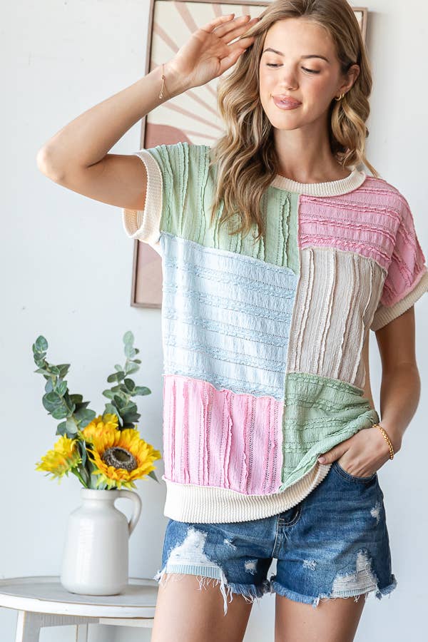 Color Block Textured Patchwork Short Sleeve Top - Purses & Pearls