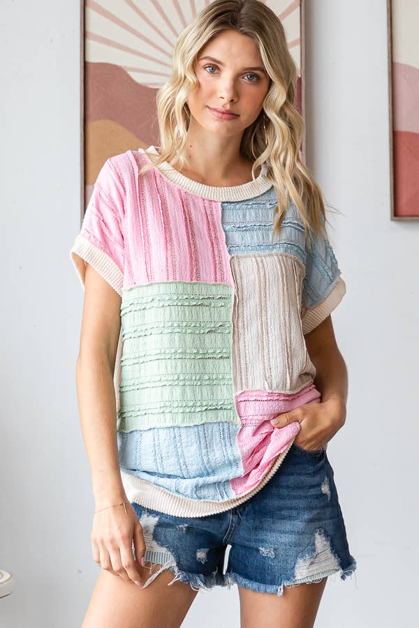 Color Block Textured Patchwork Short Sleeve Top - Purses & Pearls