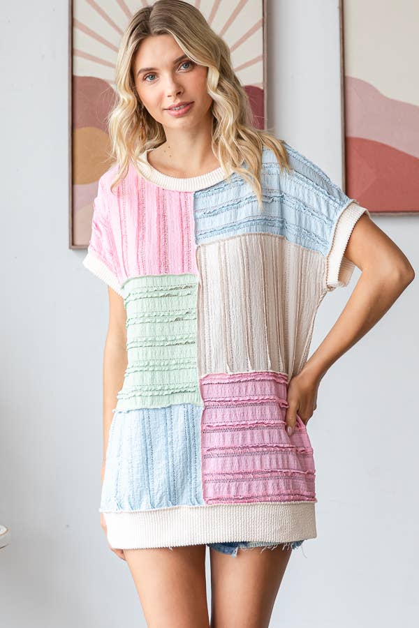 Color Block Textured Patchwork Short Sleeve Top - Purses & Pearls