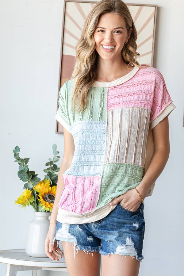 Color Block Textured Patchwork Short Sleeve Top - Purses & Pearls
