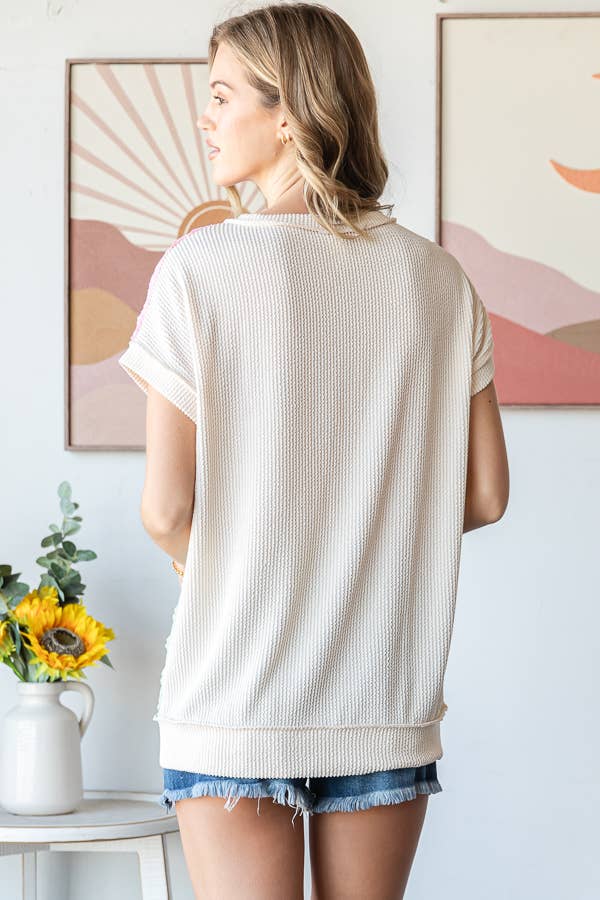 Color Block Textured Patchwork Short Sleeve Top - Purses & Pearls