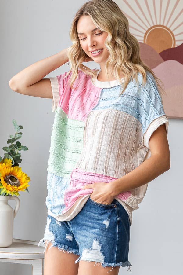 Color Block Textured Patchwork Short Sleeve Top - Purses & Pearls