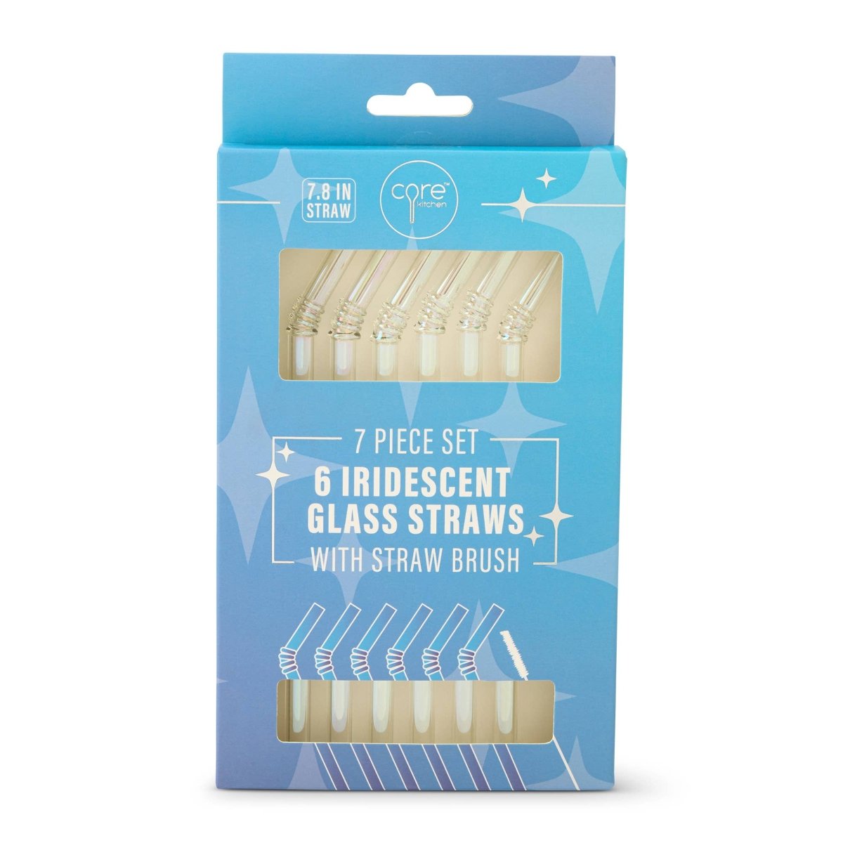 Core Home - 7pk Glass Straw Set - Curved Clear Irid. - Purses & Pearls