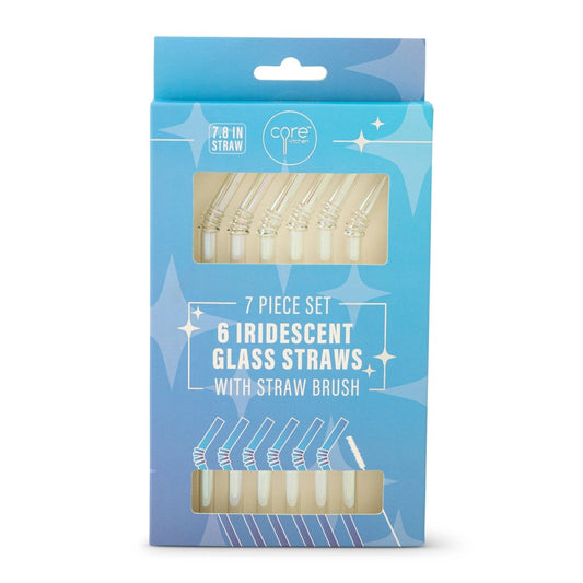 Core Home - 7pk Glass Straw Set - Curved Clear Irid. - Purses & Pearls