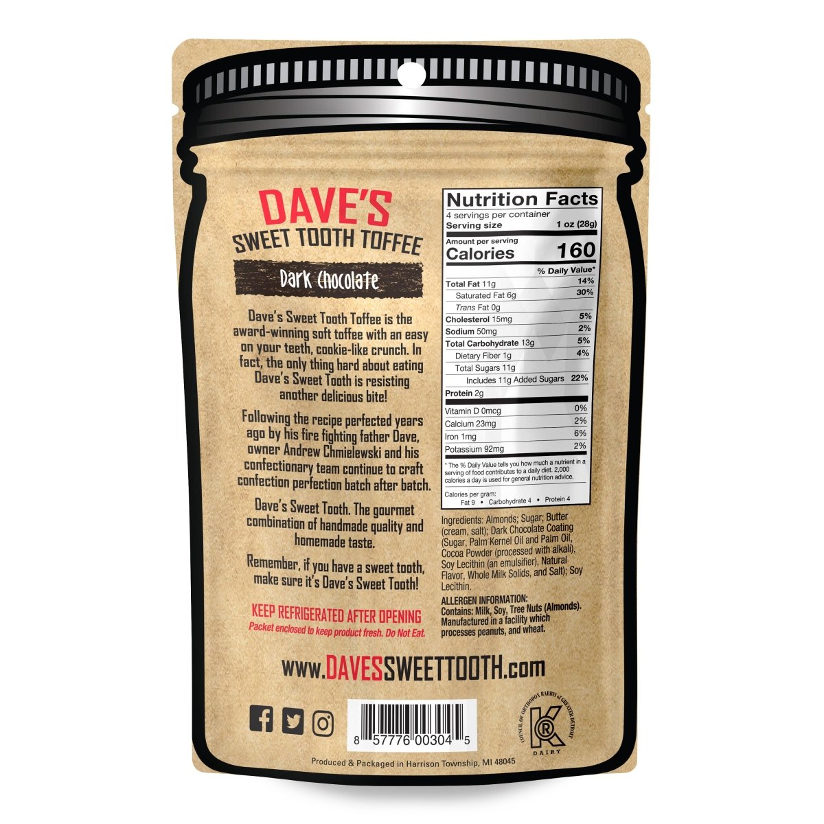 Dave's Sweet Tooth Chocolate Toffee - Dark Chocolate Pouch - Purses & Pearls