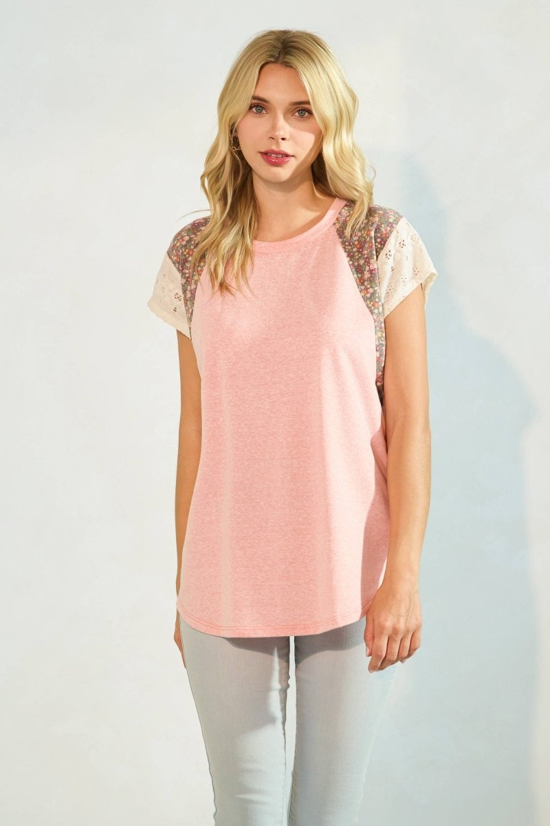 Floral Eyelet Short Raglan Sleeve Top - Purses & Pearls