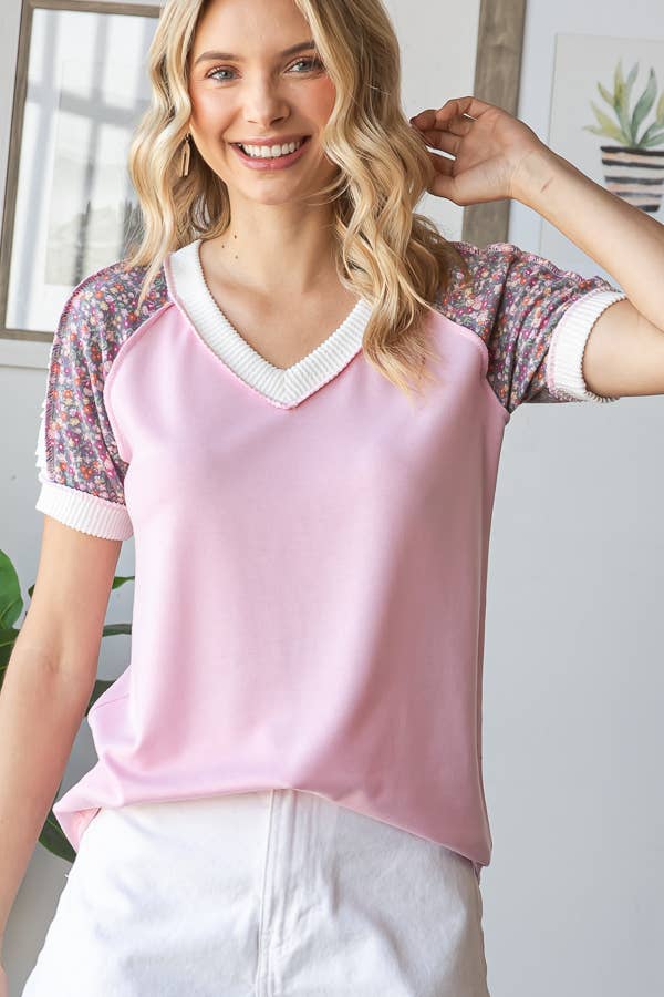 Floral Multi Fabric V - Neck Raglan Short Sleeve Top - Purses & Pearls
