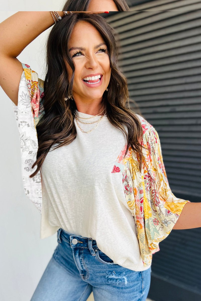 Floral Patchwork Half Batwing Sleeve Blouse - Purses & Pearls
