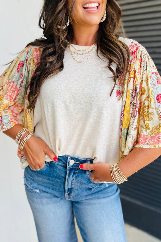 Floral Patchwork Half Batwing Sleeve Blouse - Purses & Pearls