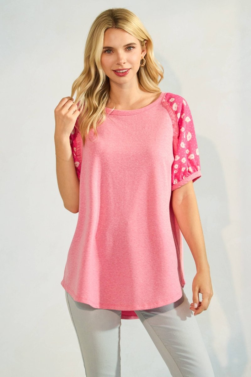 Floral Puff Sleeve Raglan Short Sleeve Top - Purses & Pearls