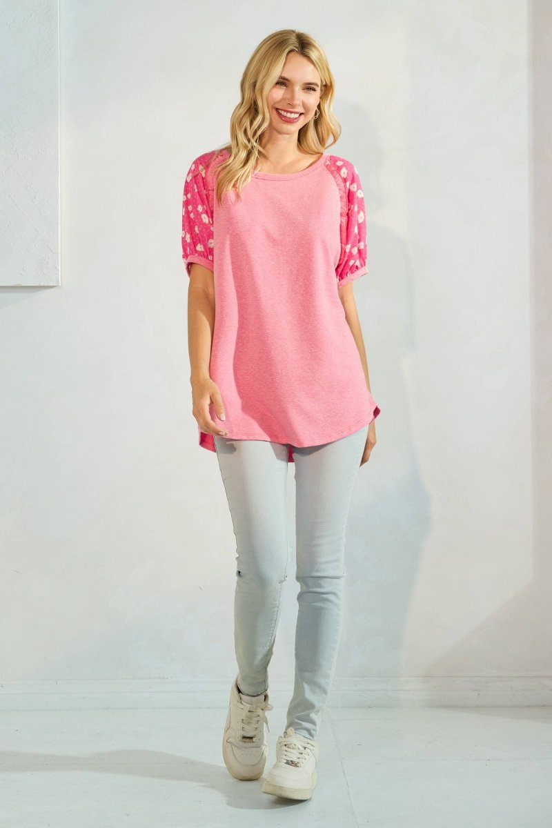 Floral Puff Sleeve Raglan Short Sleeve Top - Purses & Pearls