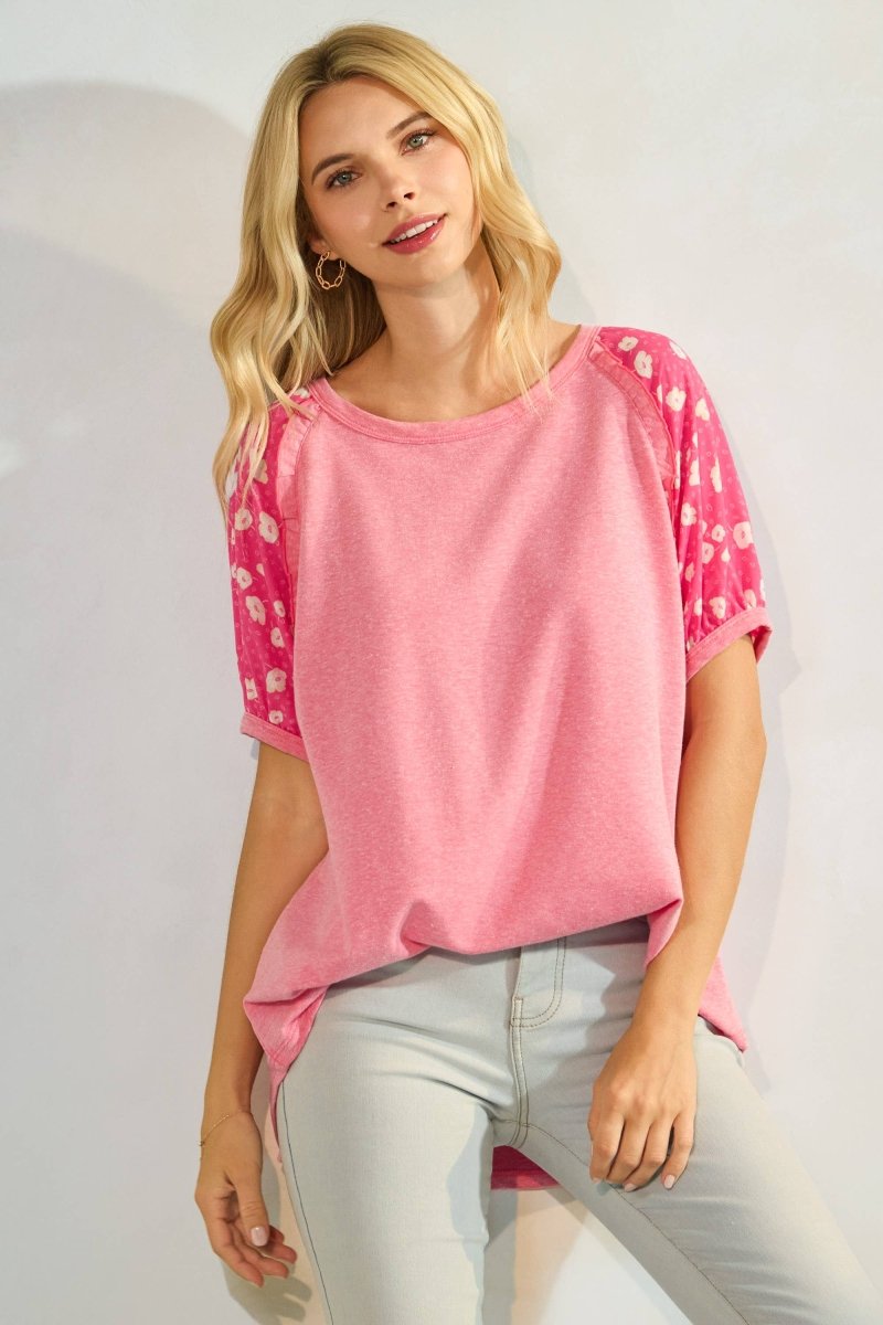 Floral Puff Sleeve Raglan Short Sleeve Top - Purses & Pearls