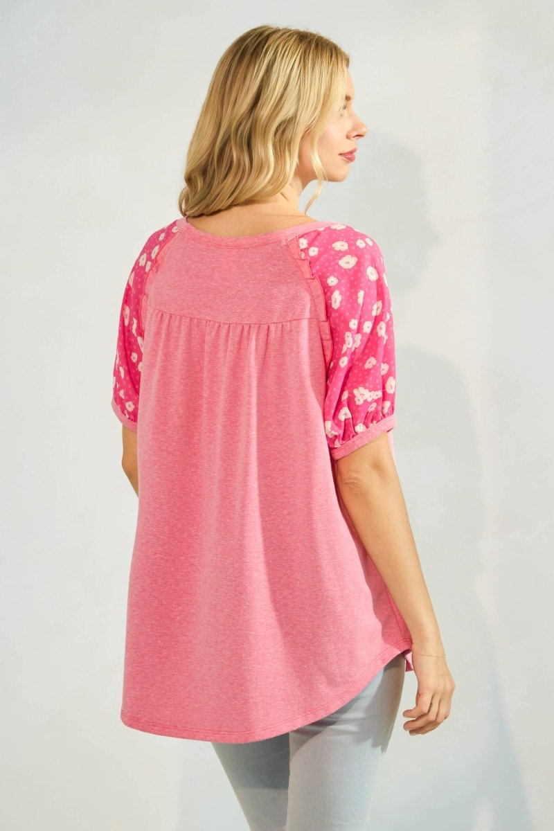 Floral Puff Sleeve Raglan Short Sleeve Top - Purses & Pearls