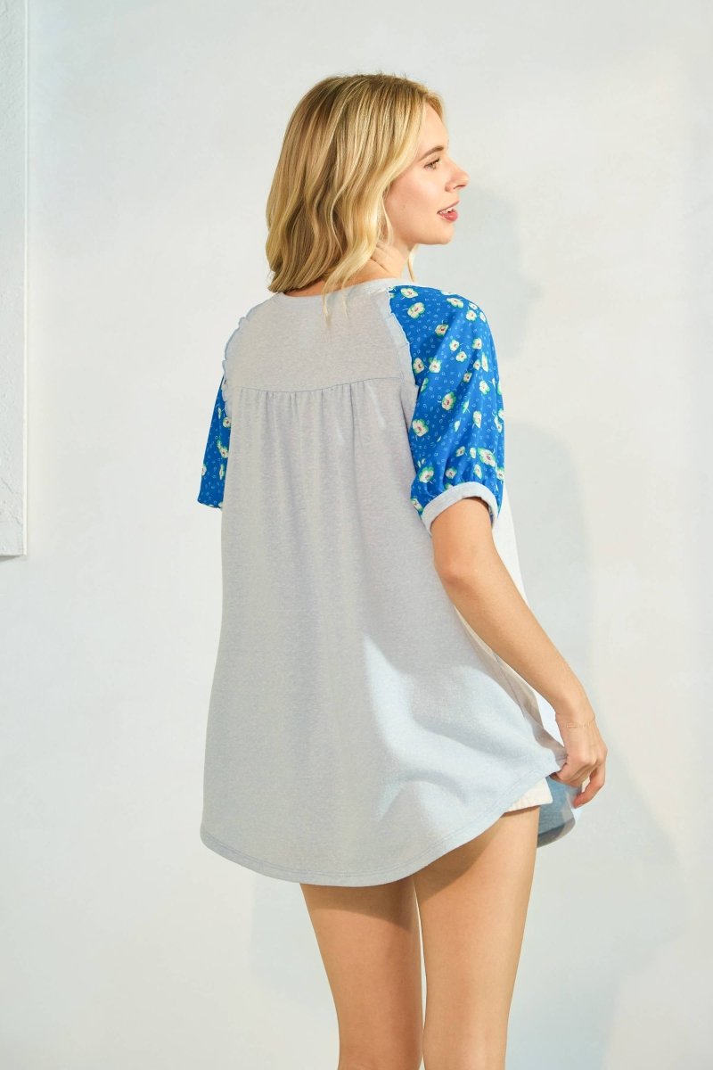 Floral Puff Sleeve Raglan Short Sleeve Top - Purses & Pearls