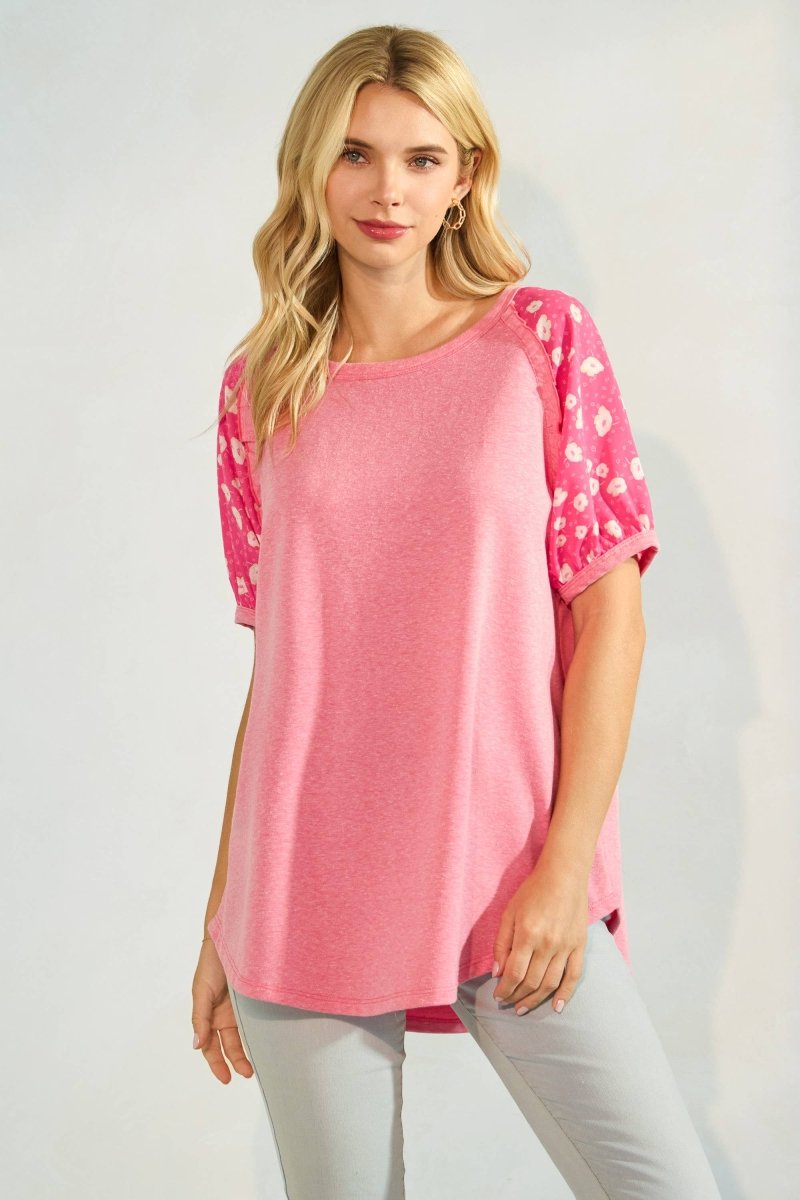 Floral Puff Sleeve Raglan Short Sleeve Top - Purses & Pearls