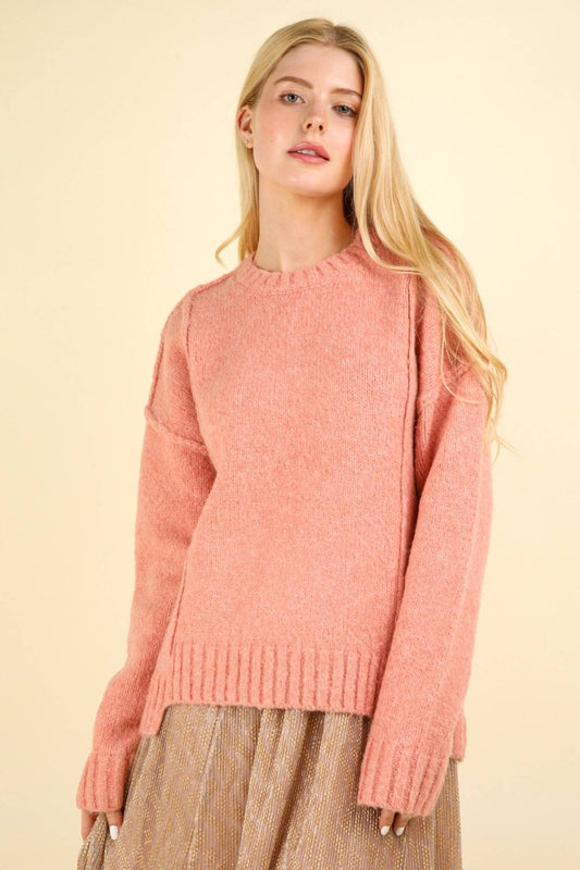 Fuzzy Feeling Oversized Knit Pullover Sweater Top in Pink - Purses & Pearls