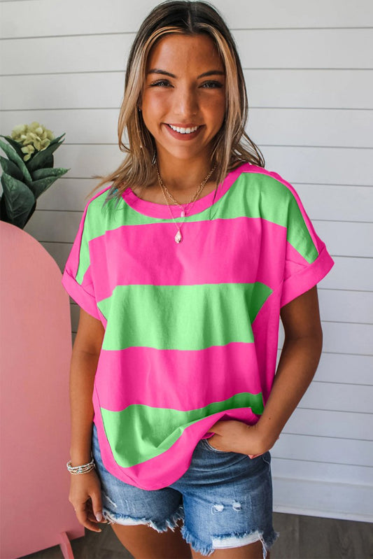 Green Colorblock Rounded Hem Loose T Shirt - Purses & Pearls