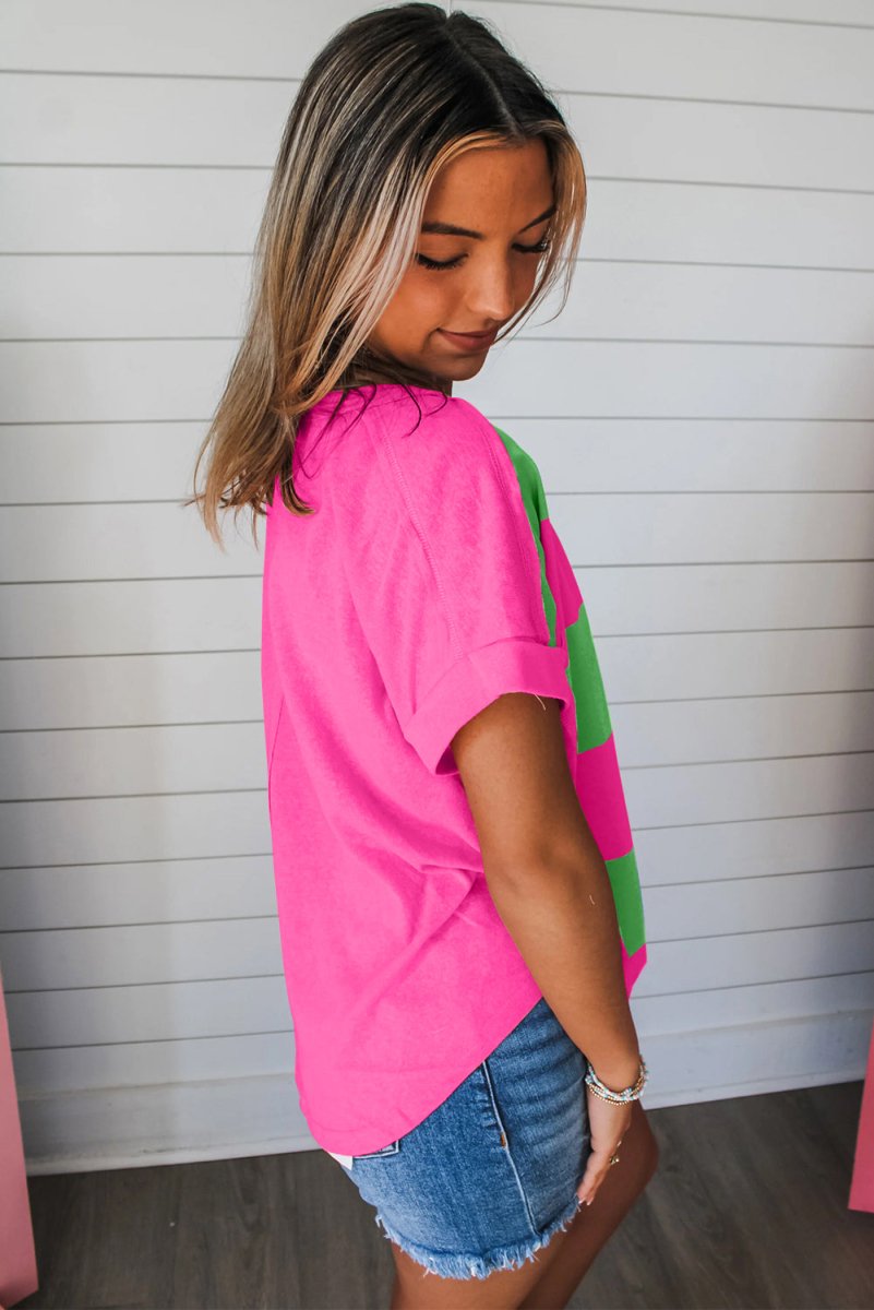 Green Colorblock Rounded Hem Loose T Shirt - Purses & Pearls