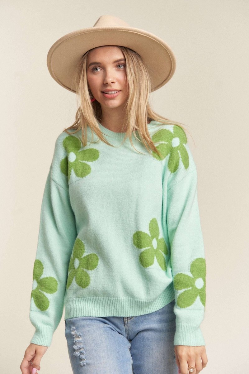 GREEN FLORAL SWEATER TOP - Purses & Pearls