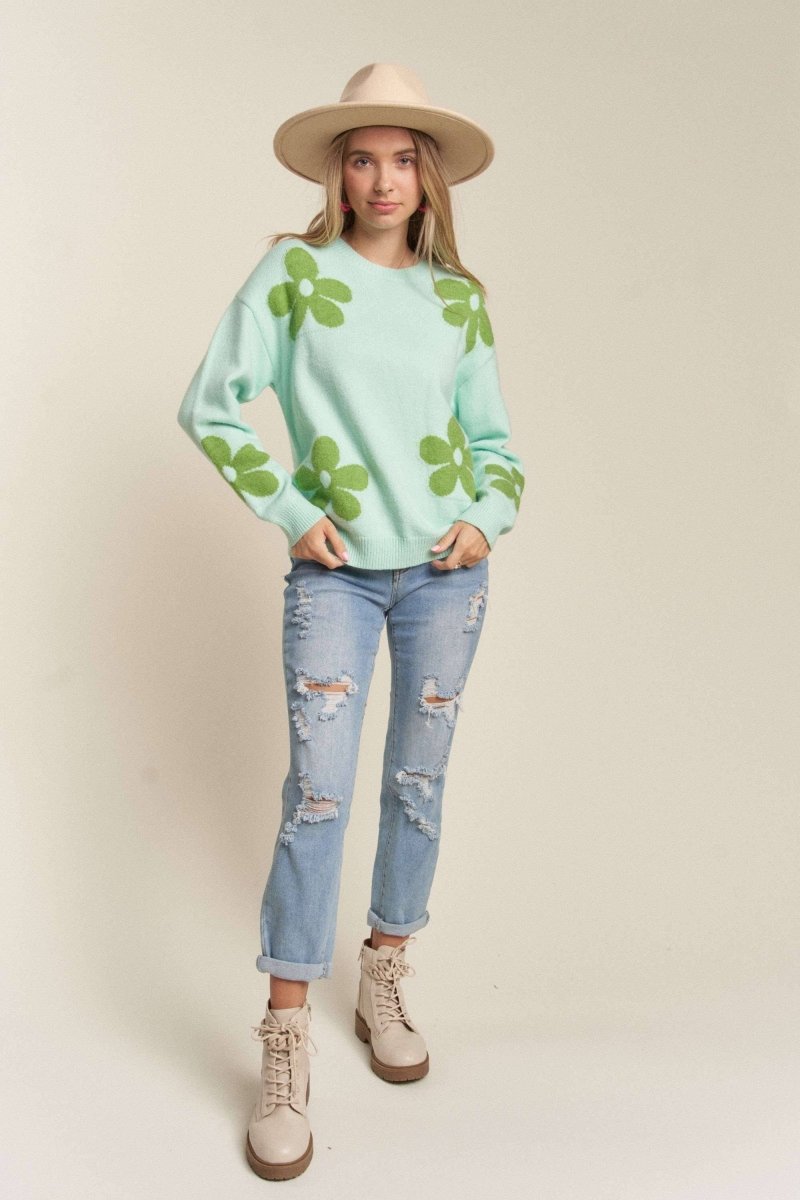 GREEN FLORAL SWEATER TOP - Purses & Pearls