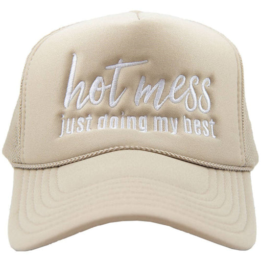 Hot Mess Just Doing My Best Foam Trucker Hat (Khaki) - Purses & Pearls