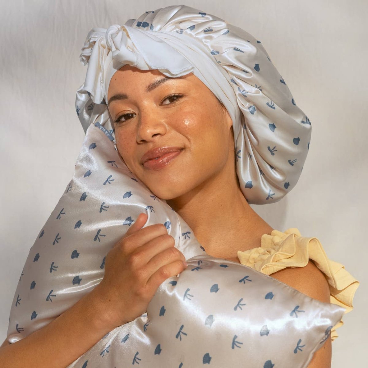 KITSCH - Oversized Satin Bonnet - Pearlized Cream & Coastal Blue Print - Purses & Pearls