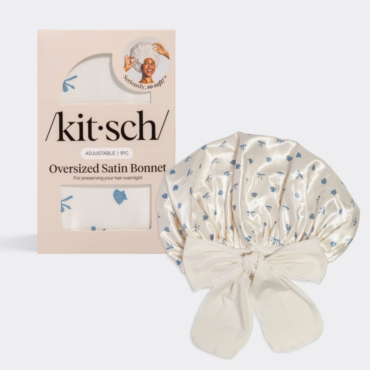 KITSCH - Oversized Satin Bonnet - Pearlized Cream & Coastal Blue Print - Purses & Pearls