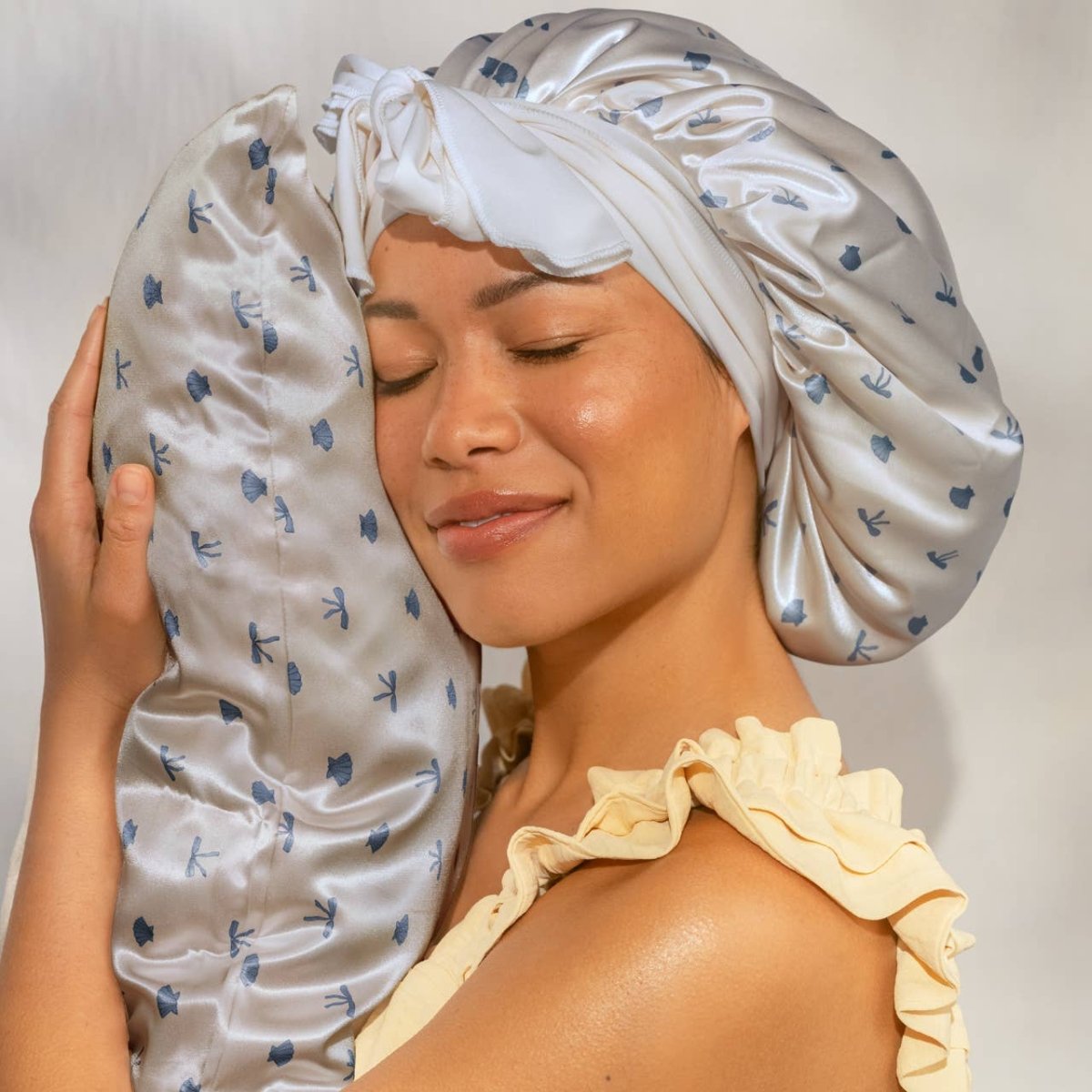 KITSCH - Oversized Satin Bonnet - Pearlized Cream & Coastal Blue Print - Purses & Pearls