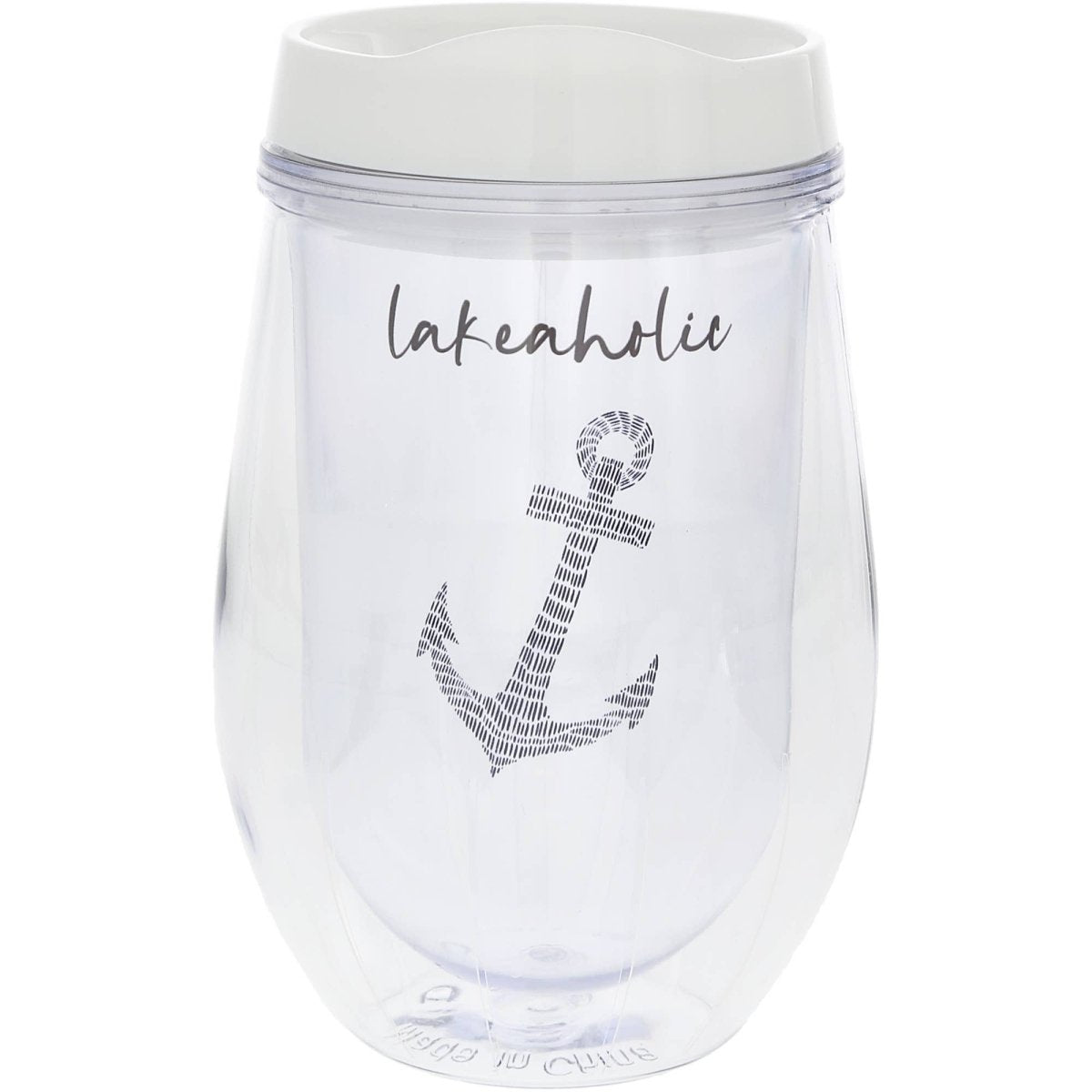 Lakeaholic - 12 oz Acrylic Stemless Wine Glass with Lid - Purses & Pearls