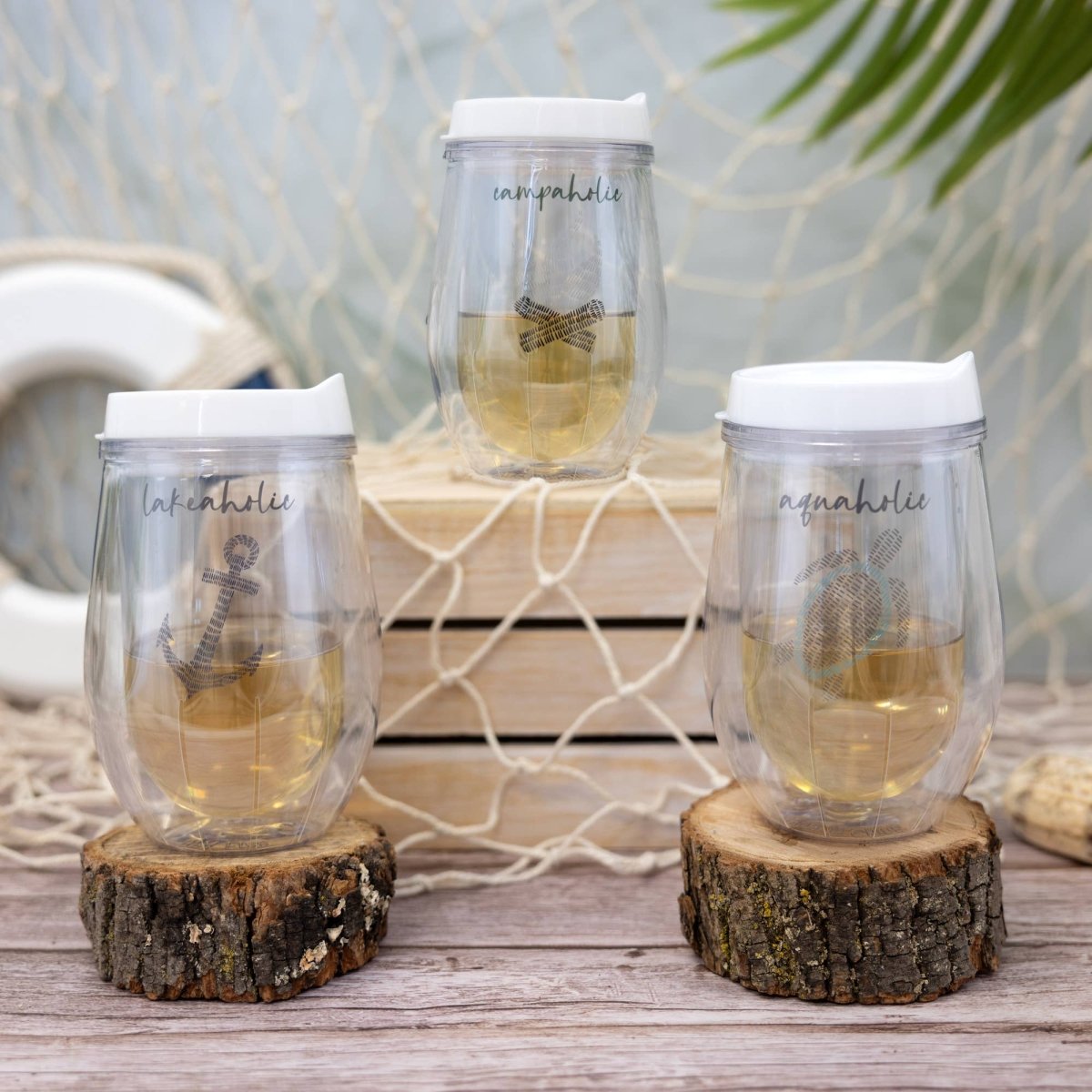 Lakeaholic - 12 oz Acrylic Stemless Wine Glass with Lid - Purses & Pearls