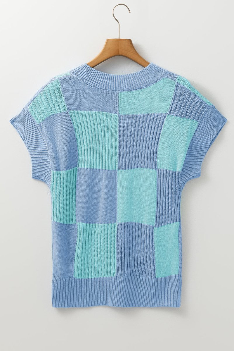 Light Blue Checkered Color Block Short Sleeve Sweater - Purses & Pearls