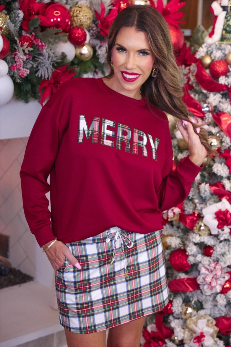 Merry Plaid Patch Luxe Pullover - Purses & Pearls