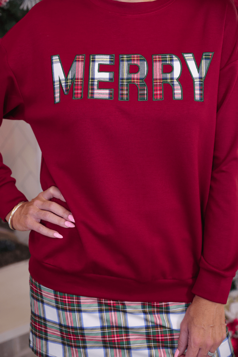 Merry Plaid Patch Luxe Pullover - Purses & Pearls
