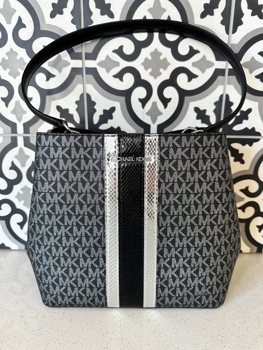 Michael Kors Metallic 3 Compartment Bucket in Black Stripe - Purses & Pearls