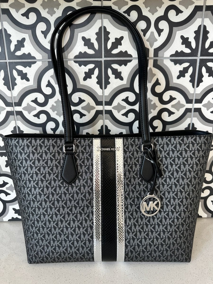 Michael Kors Metallic 3 Compartment Tote in Black Stripe - Purses & Pearls