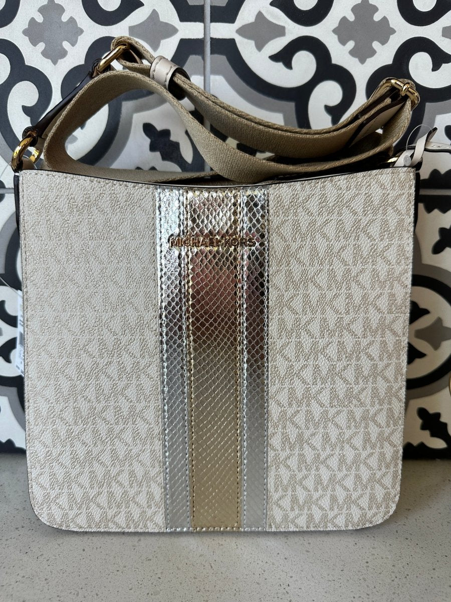 Michael Kors Metallic Medium Messenger Crossbody in Light Cream Stripe - Purses & Pearls