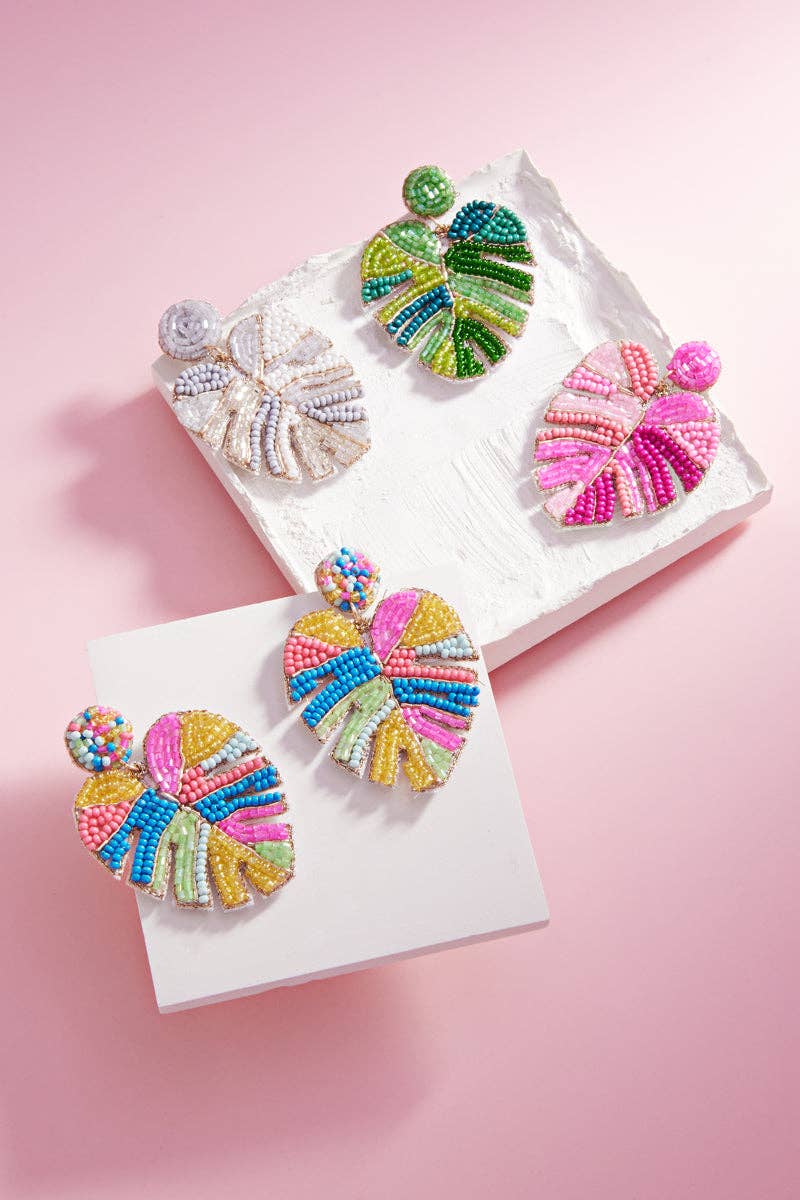 Monstera Shaped Mixed Beaded Summer Post Earrings - Purses & Pearls