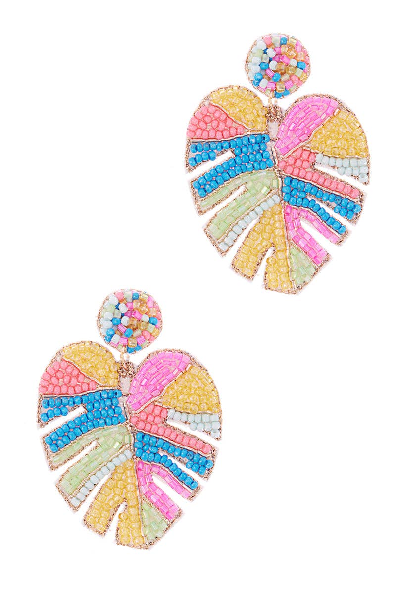 Monstera Shaped Mixed Beaded Summer Post Earrings - Purses & Pearls
