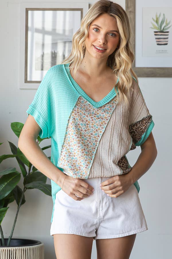 Multi Fabric Patchwork V neck Short Sleeve Top - Purses & Pearls