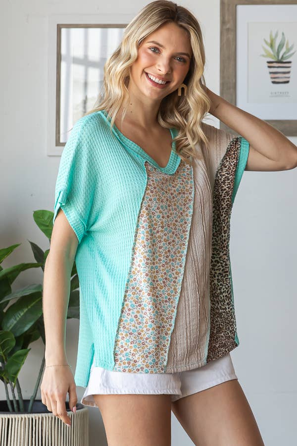 Multi Fabric Patchwork V neck Short Sleeve Top - Purses & Pearls