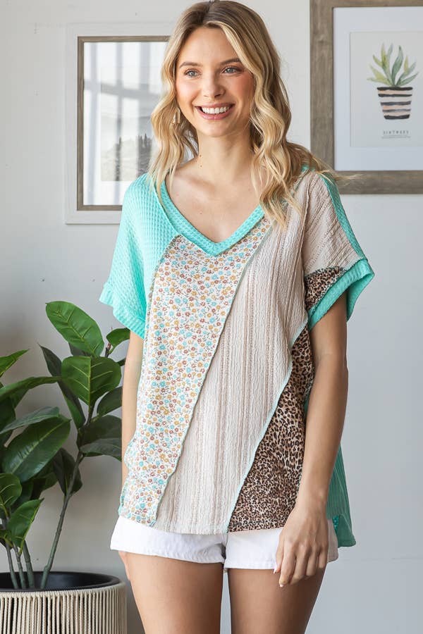 Multi Fabric Patchwork V neck Short Sleeve Top - Purses & Pearls