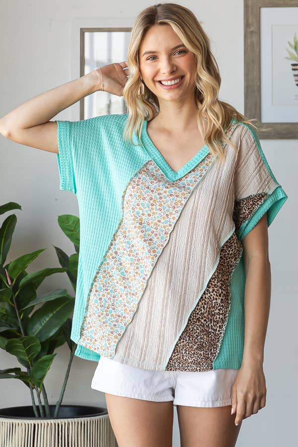 Multi Fabric Patchwork V neck Short Sleeve Top - Purses & Pearls