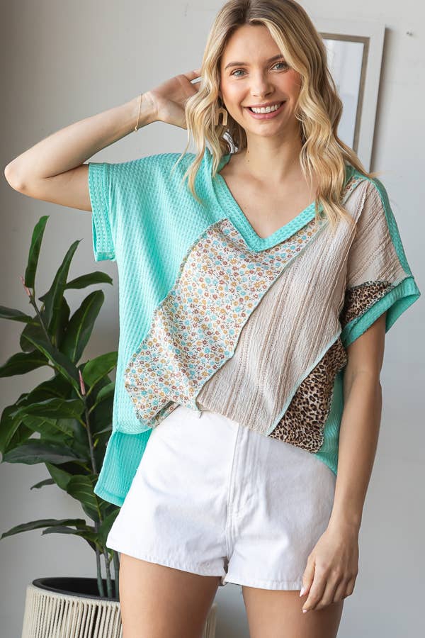 Multi Fabric Patchwork V neck Short Sleeve Top - Purses & Pearls