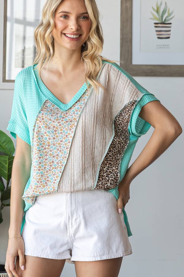 Multi Fabric Patchwork V neck Short Sleeve Top - Purses & Pearls