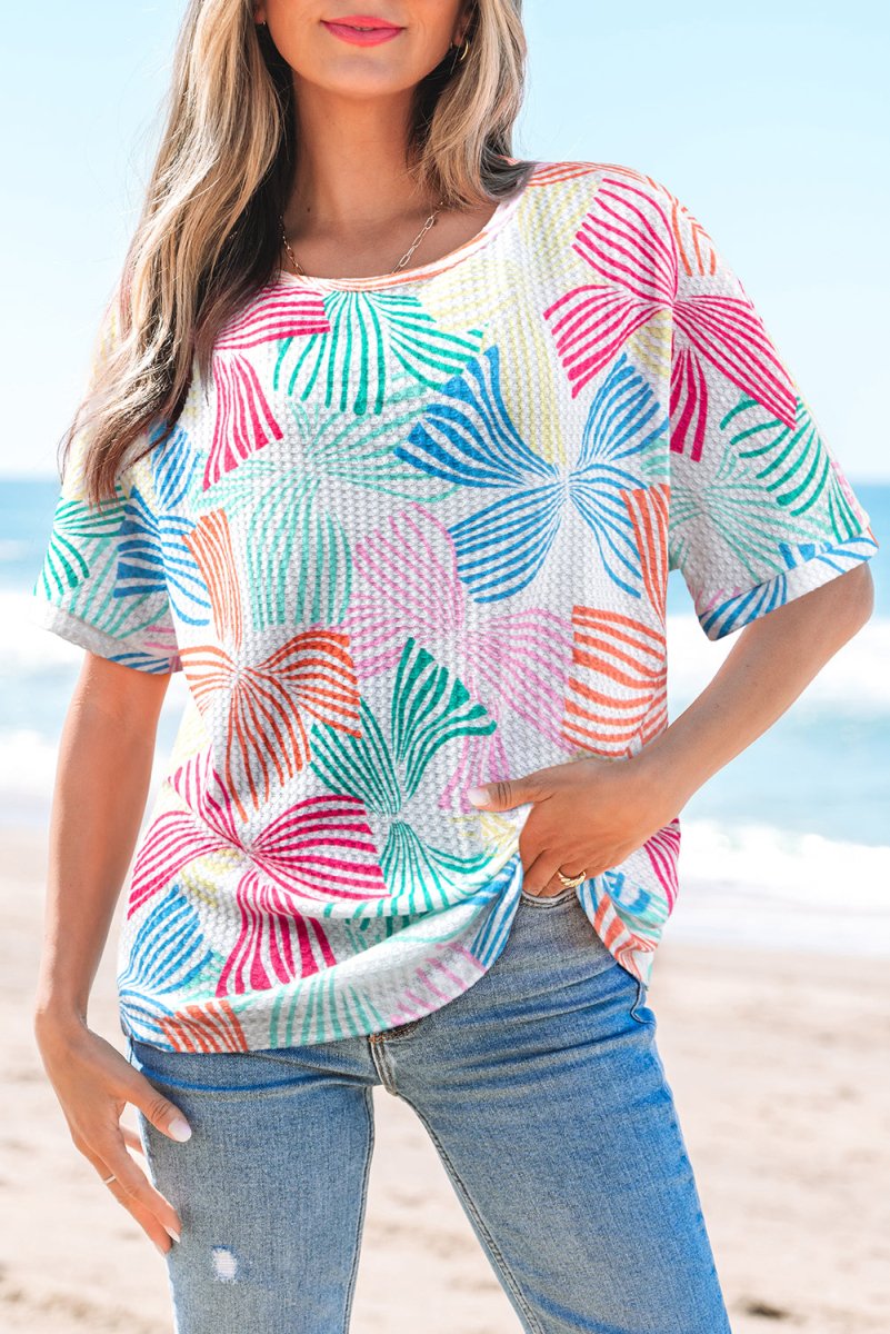Multicolour Bowknot Printed Waffle Crewneck Loose Short Sleeve Top - Purses & Pearls