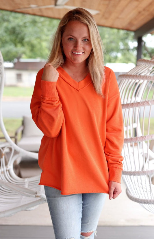 Oversized French Terry V - Neck Pullover - Sunset - Purses & Pearls